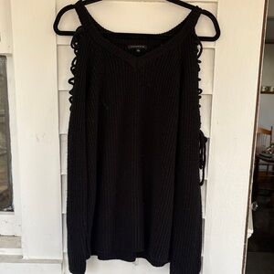 Staccato Black V-Neck Cold-Shoulder Sweater with Lace-Up Sides